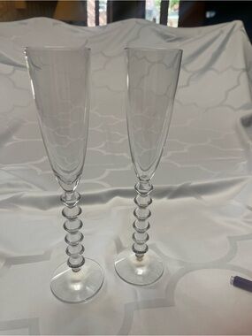 Baccarat Clear Crystal Champagne Flutes with Stacked Bead Stems (Pair)